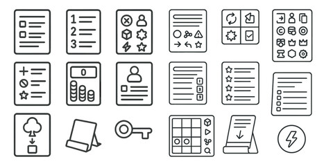 Set of icons for various forms of paper, including checklists, surveys, and questionnaires