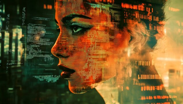 A double exposure of an AI face and computer code, representing the intersection between artificial intelligence technology and digital marketing