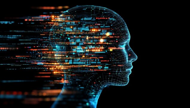 A double exposure of an AI-generated human face and computer code, symbolizing the integration between humans and artificial intelligence technology in the digital world