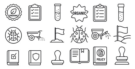 Set of icons for organic products. The icons include a ladybug, a book, a book with a red cover, a book with a green cover, a book with a blue cover, a book with a yellow cover