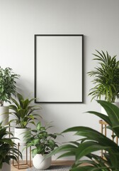 Photo of blank frame hangs on a white wall surrounded by plants