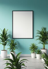 Photo of blank frame hangs on a turquoise wall surrounded by plants