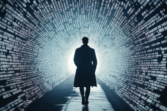 A man in a black coat walks through the tunnel of binary code, silhouette photography, high-quality resolution, dark background