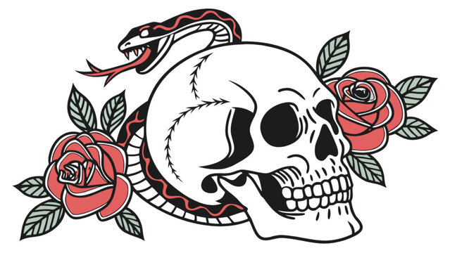 Skull snake and roses tattoo design illustration vector art gothic floral death head drawing traditional
