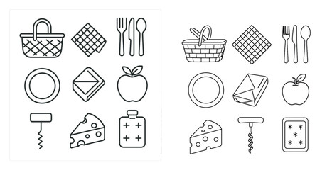 The image is of food items and utensils. The food items include a cheese, a pizza, a bottle, a knife, a fork, a spoon, and an apple