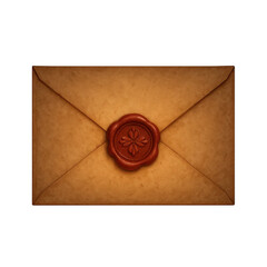 An ancient, textured paper envelope sealed with a detailed red wax stamp, featuring a unique floral emblem. A classic symbol of secret messages, vintage correspondence, and historical communication.