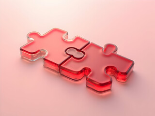 3 D Render of Two Interlocking Translucent Red Glass Puzzle Pieces on a Light Pink Background image