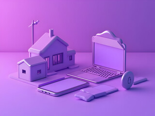 3 D render of a purple smartphone housing a miniature house model next to a laptop and other tech accessories on a purple surface under soft purple lighting
