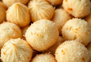 Sweet coconut dumplings, close-up shot showing texture and detail, sweet, mochi