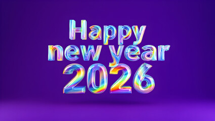Happy New Year 2026 iridescent rainbow lettering vibrant purple background colorful text 3 D rendering festive holiday celebration design