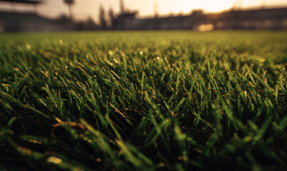 A close up view of green grass on a field at sunset with stadium lights in the background blur
