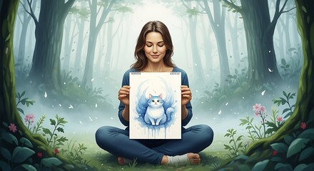 young woman sitting in forest holding blue and white cat painting