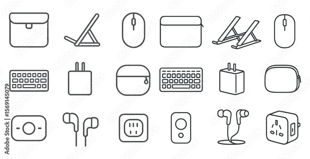 Poster collection of items that are related to technology and electronics. the items include a keyboard, mo
