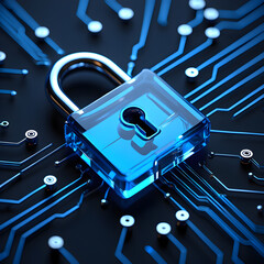 Translucent Blue Glass Padlock Resting on a Dark Blue Circuit Board Detailed Closeup View of a Cyber Security Concept