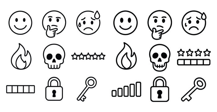 Collection of emoticons and symbols, including a skull, a key, a smiley face, and a star