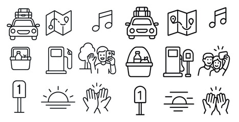 Collection of icons for various things related to travel and transportation. The icons include a car, a map, a hand, a person taking a picture, a gas station, a hotel, and a suitcase