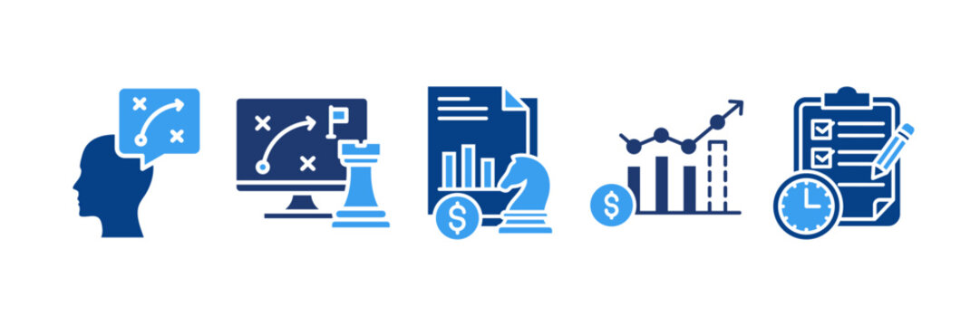Strategic Planning Icon Set Multiple Style Collection, Containing design Strategic Thinking, Strategic Approach, Financial Strategy, Revenue Forecast 