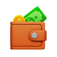 3D Render of a Brown Wallet with Money and a Gold Coin