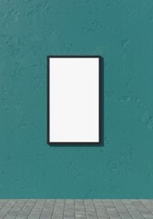 Photo of a blank frame is displayed on a textured teal wall