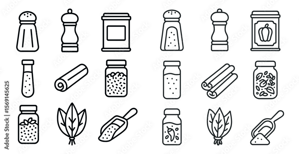 Poster set of spice jars and a salt shaker. the jars are lined up in a row, with some of them containing sp