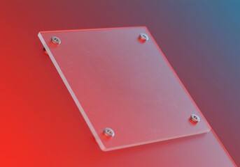 Photo of a clear acrylic sheet is secured with screws against a gradient background