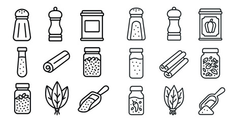 Set of spice jars and a salt shaker. The jars are lined up in a row, with some of them containing spices and others containing herbs. The salt shaker is positioned at the far right of the image © Александр Михайлюк