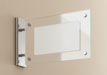 Photo of a clear glass sign is mounted on a wall in a business office
