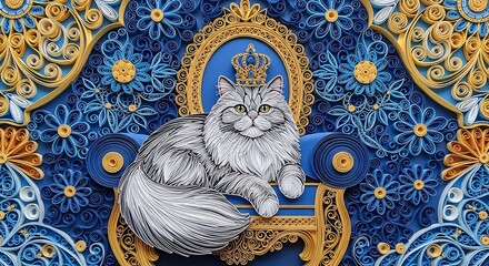 A regal long-haired cat sitting on an ornate golden throne with a crown on its head against a vibrant floral patterned background.