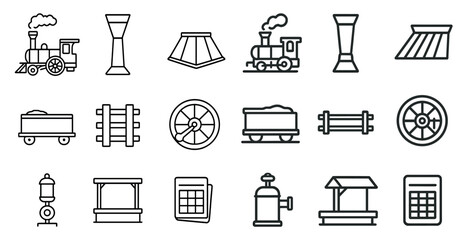 Collection of train and railroad icons. The icons include a train, a train station, a train car, a train engine, a train track, a train car, a train car, a train car, a train car, a train car