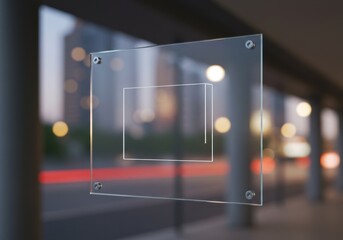 Photo of a clear glass sign is mounted with a blurred city background