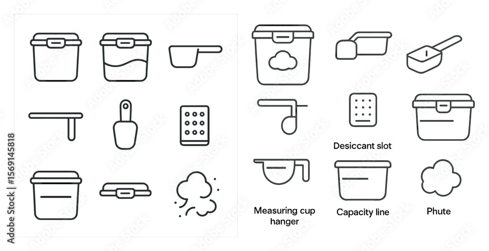 Poster set of kitchen utensils and containers are shown in two different styles. the first style is a set o