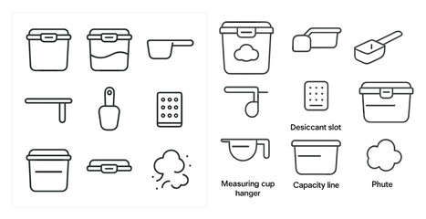 Set of kitchen utensils and containers are shown in two different styles. The first style is a set of white containers and utensils, while the second style is a set of black containers and utensils