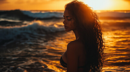 Golden hour at the beach with a young woman with long curly hair standing in the water. Perfect for lifestyle and vacation themes. Generative AI.

