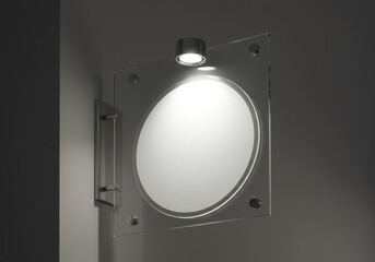 Photo of a square glass sign with a circular cutout is mounted on the wall