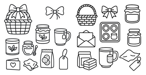 Collection of food and drink items, including a basket, a jar, a cup, and a box
