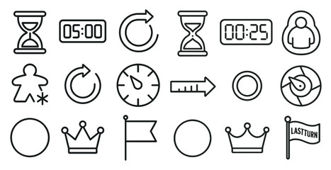 Collection of icons including a clock, a camera, a person, and a flag. The icons are all in black and white