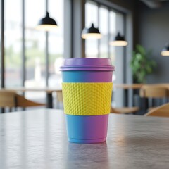 Photo of a colorful coffee cup sits on a table in a cafe setting
