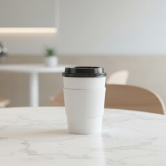 Photo of a white paper coffee cup sits on a marble table in a cafe