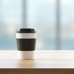 Photo of a paper coffee cup with a black lid rests on a wooden table near a window