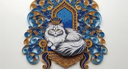 A white cat wearing a crown is sitting on an ornate blue and gold throne.