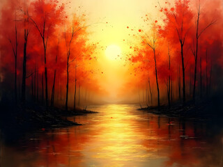 Abstract Autumnal Landscape Painting Vibrant Red Trees Golden Sunset Calm River Water Reflection Impressionistic Style