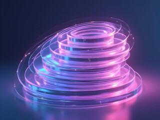 Abstract 3 D Background Featuring Stacked Translucent Circular Glass Platforms Illuminated by Vibrant Pink and Blue Neon Lights Creating a Futuristic and Dynamic Composition