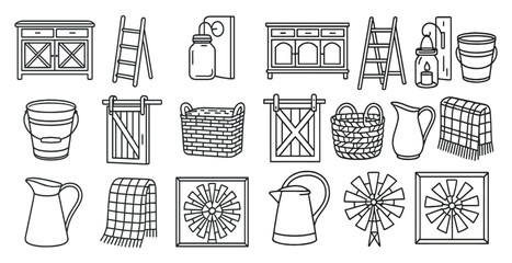 Collection of items that are related to home decor and furnishings. The items include a ladder, a bucket, a vase, a basket, a chair, a table, a clock, a vase, a bucket, a chair