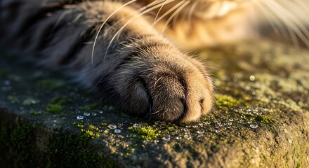 Close-up of a cat's paw resting on a mossy stone outdoors.