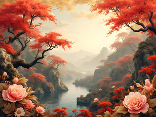 Serene Autumnal Landscape Featuring a Calm River Winding Through Misty Mountains Flanked by Vibrant Red Trees and Delicate Peach Peonies