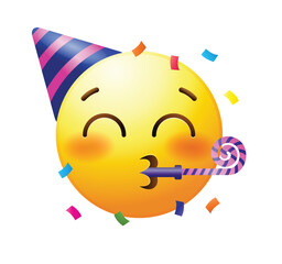 Party emoji with party hat and horn. Celebration emoticon vector icon.