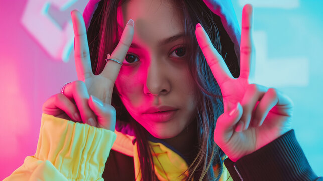 joyful Boy and Girl Posing with two fingers with  Peace Signs and Playful Attitude ,Smiling kids in stylish hoodies showing two fingers to the camera with charm, cuteness, and confidence.

