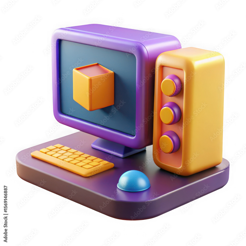 Fototapete stylized 3d computer setup with monitor keyboard mouse and tower isolated on transparent background