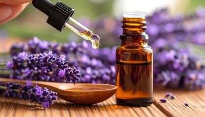 A hand dispensing essential oil from a dropper, with lavender and a bottle.