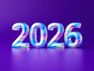 Iridescent 2026 New Year Numbers on Purple Background Colorful Glassy Digit Design 3 D Render image